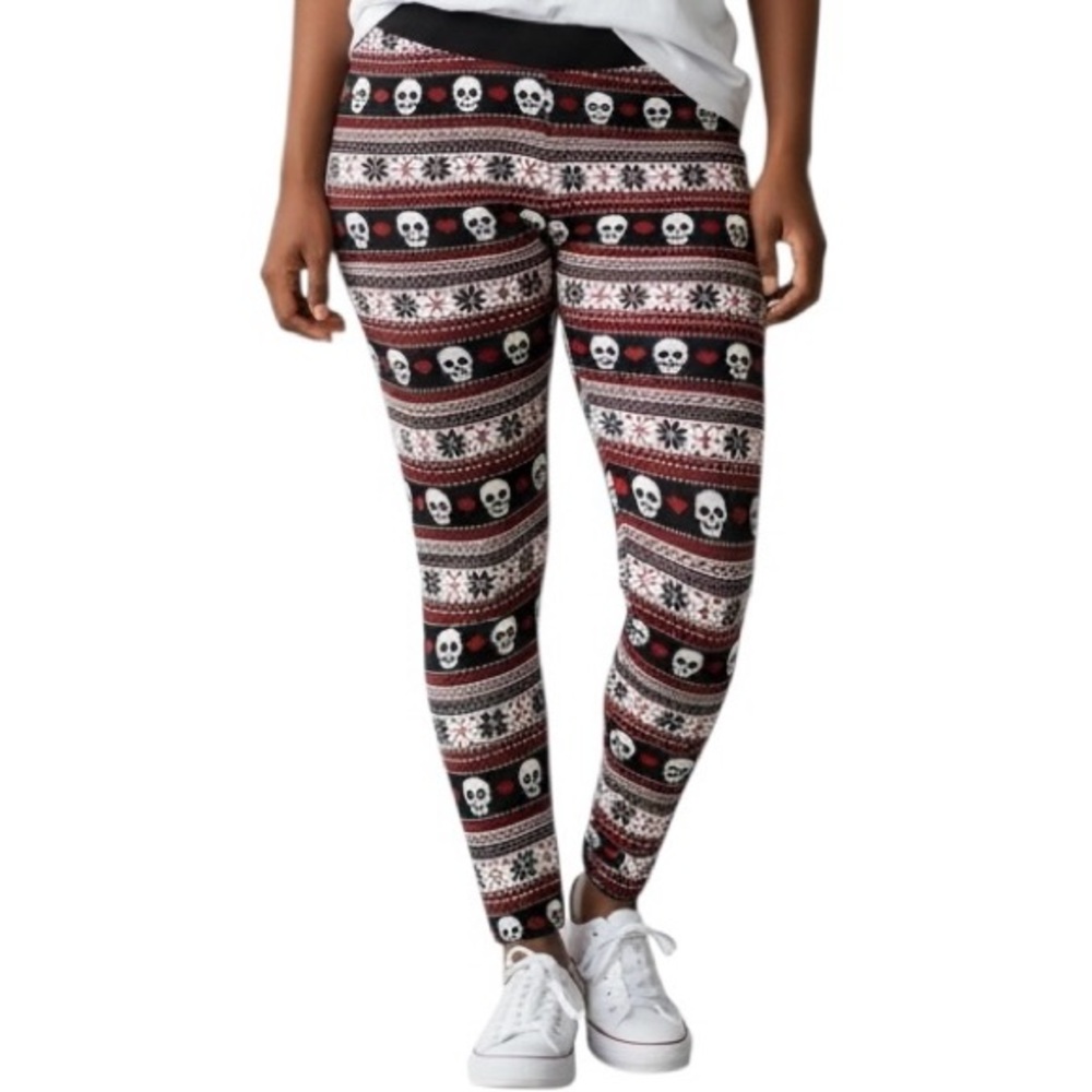 Torrid Skull Heart Knit Leggings Women’s Sz 3 Black Red White Skulls Fair Isle